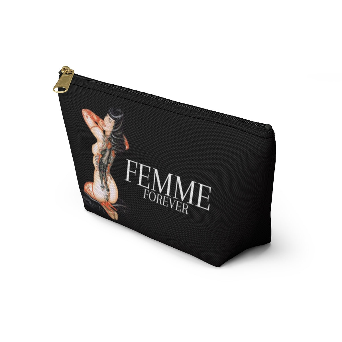 Pinup Girl Cosmetic Pouch w T-bottom, Accessory Pouch - Femme Forever Black Cat Tattoo Pinup Girl