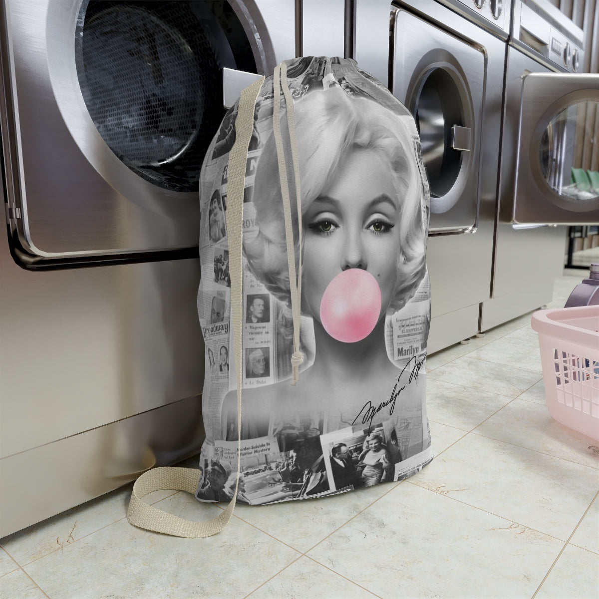 Marilyn Monroe Sack, Laundry Sack, Santa Sack, Dust Bag, Gift Sack - Marilyn Bubblegum Pink International News Bag