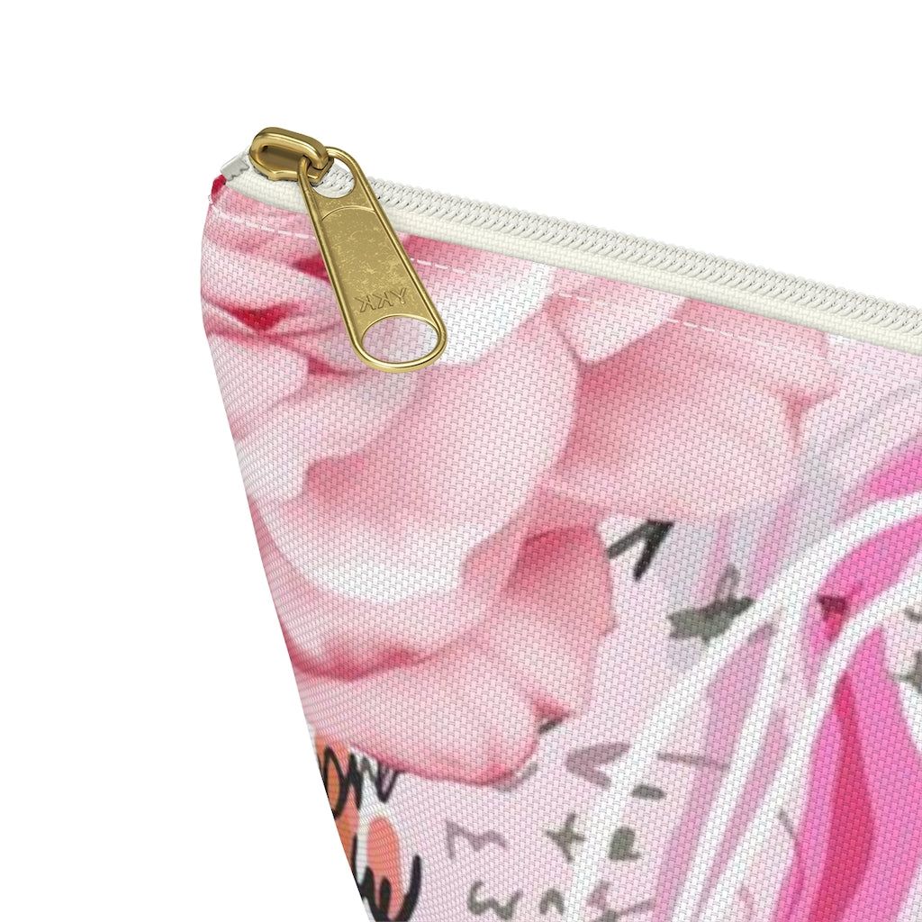 Abstract Rose Cosmetic Pouch w T-bottom, Accessory Pouch, Pink and Orange