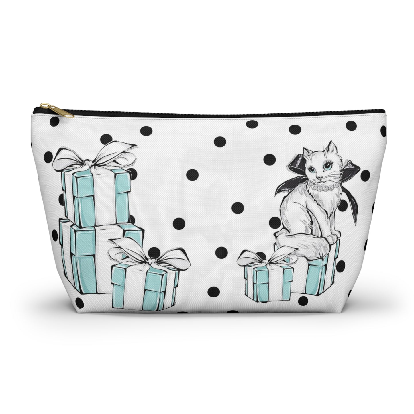 Personalized Kitty Cat Cosmetic Pouch w T-bottom, Accessory Pouch, Cats Polka Dot Breakfast at Tiffany