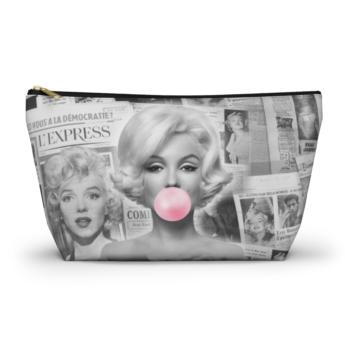 Marilyn Monroe Cosmetic Pouch w T-bottom, Accessory Pouch - Marilyn Bubblegum Pink International News Makeup Bag