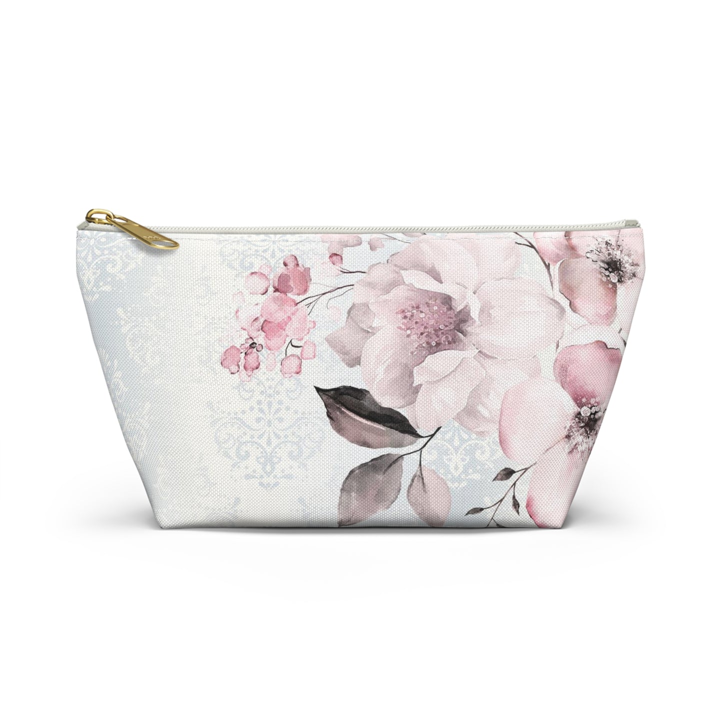 Personalized Pink Flower Damask - Cosmetic Pouch w T-bottom, Accessory Pouch