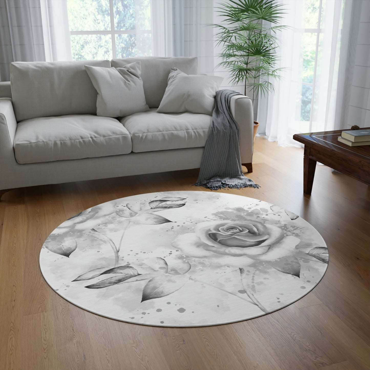 Custom White Rose Round Chenille Rug - 60 Inch Round Floor Mat - Low Profile Throw Rug - Grey and White Designer Area Rug