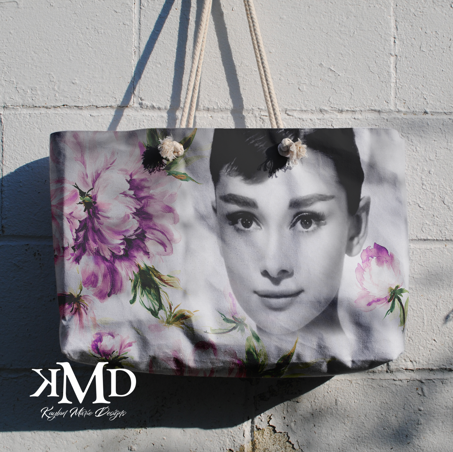 Audrey Hepburn Tote Bag - Weekender Bag, Rope Tote, Purple Flower