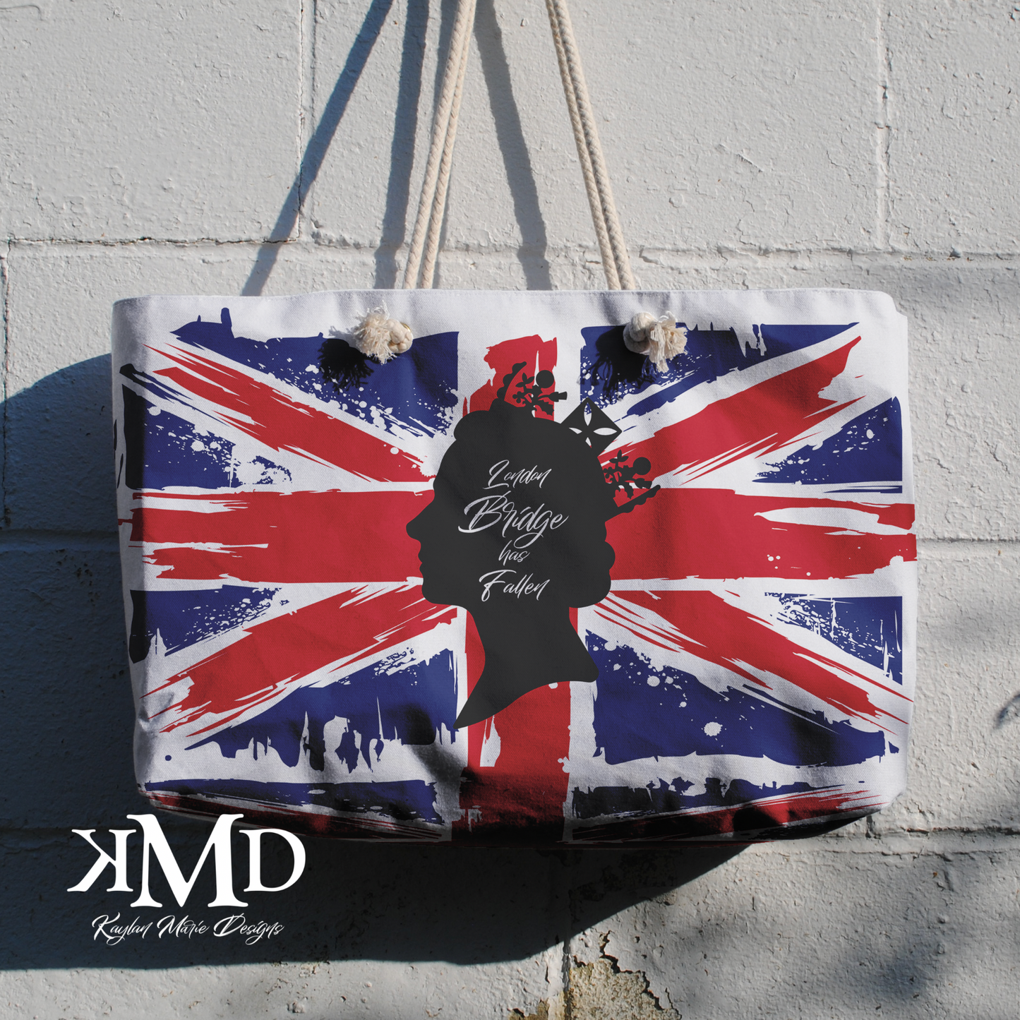 London Bridge has Fallen Tote Bag - Rope Tote, Weekender Bag, British Flag Queen