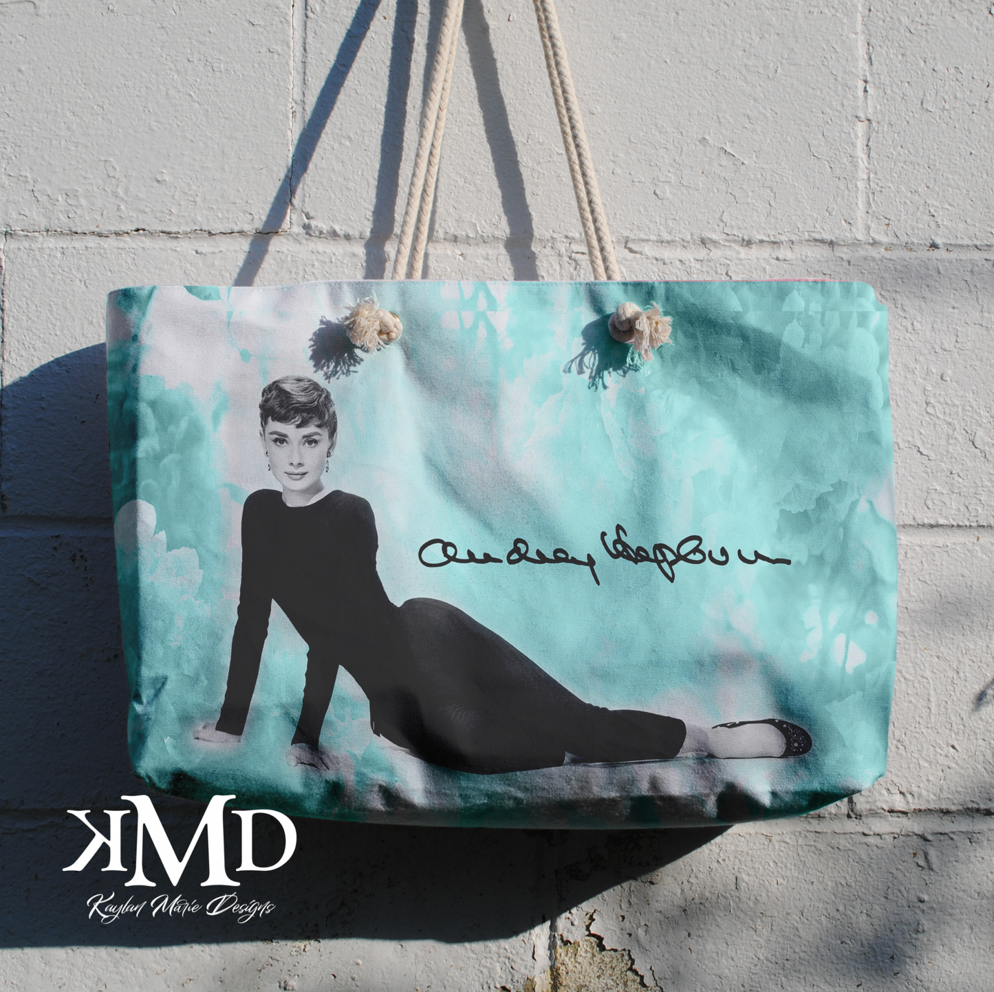 Audrey Hepburn Signature Tote Bag - Weekender Bag, Rope Tote, Blue Green