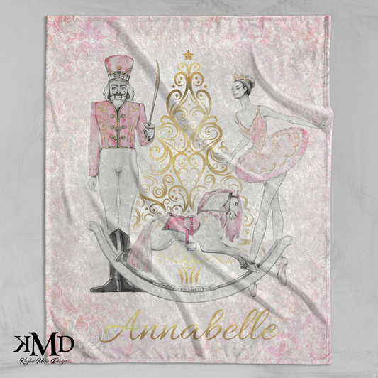 Personalized Nutcracker Ballet Blanket, Crushed Velvet Blanket, Pink and Gold