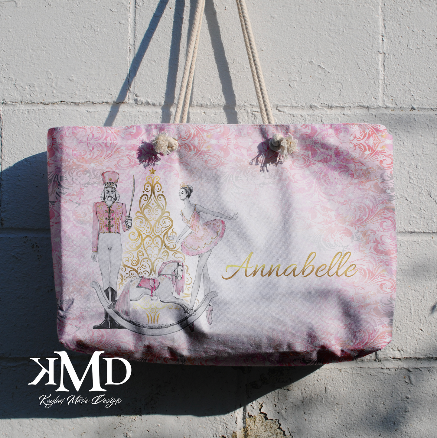 Personalized Nutcracker Ballet Tote Bag - Weekender Bag, Rope Tote, Pink and Gold