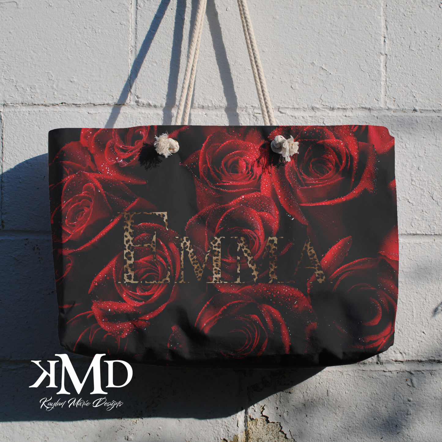 Personalized Rose Tote Weekender Bag - Red Rose and Leopard