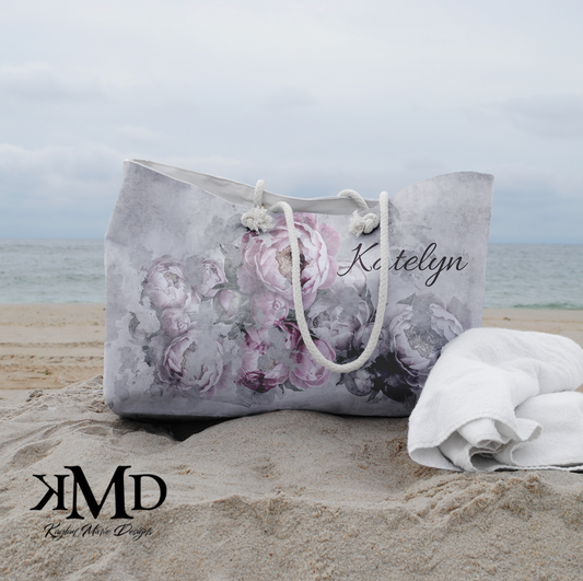 Personalized Peony Tote Bag - Weekender Bag, Rope Tote, Antiqued Pink and Grey