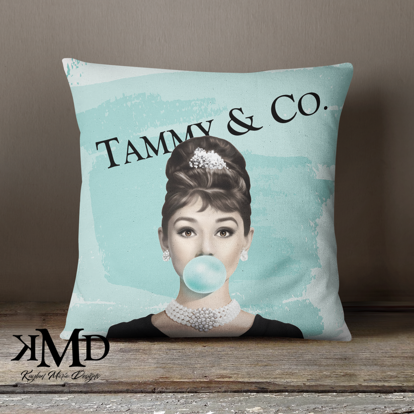 Personalized Audrey Hepburn Bubblegum Pillow - Blue Green