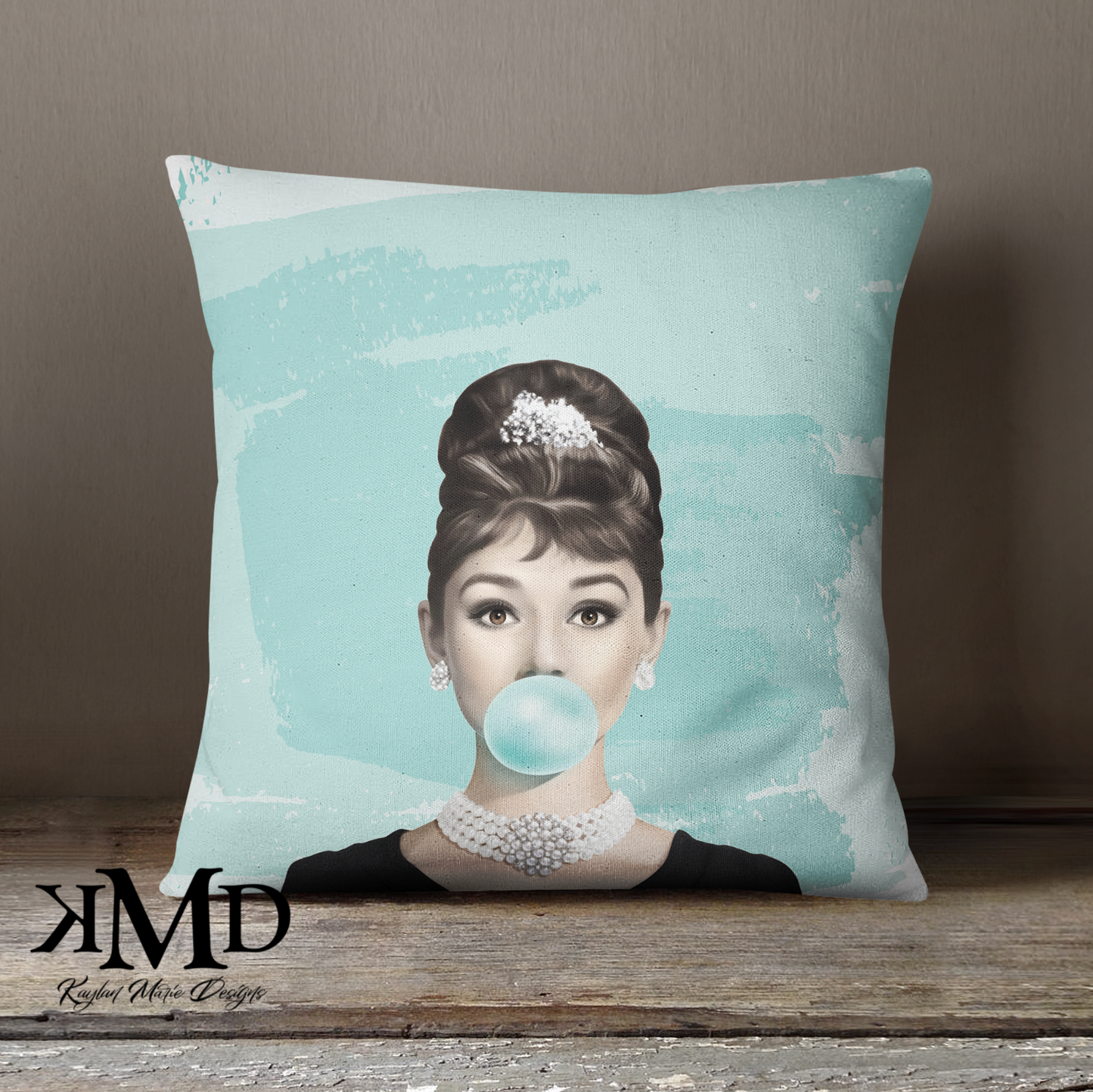 Personalized Audrey Hepburn Bubblegum Pillow - Blue Green