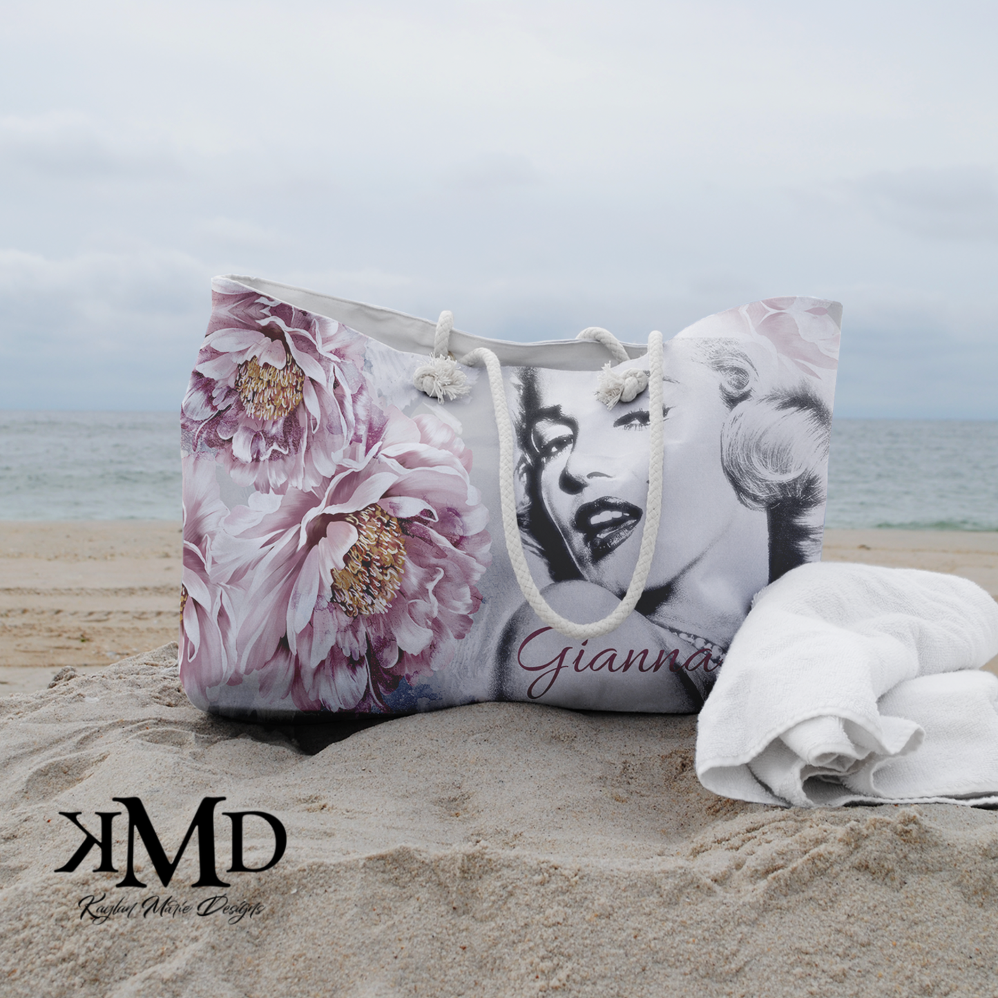 Personalized Marilyn Monroe Tote Bag, Weekender Bag - Pink Peonies