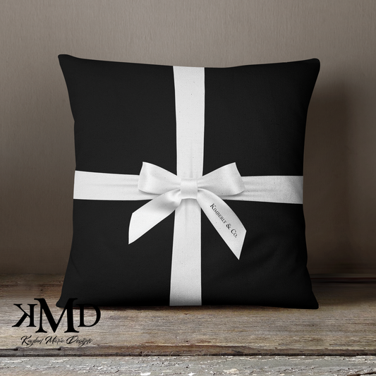 Personalized Little Black Box Pillow - Black with White Bow