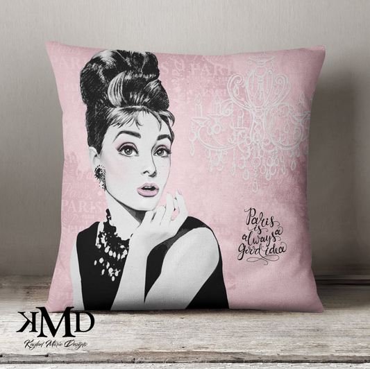 Audrey Hepburn Pillow - Pink Paris is Always a Good Idea Chandelier Pillow