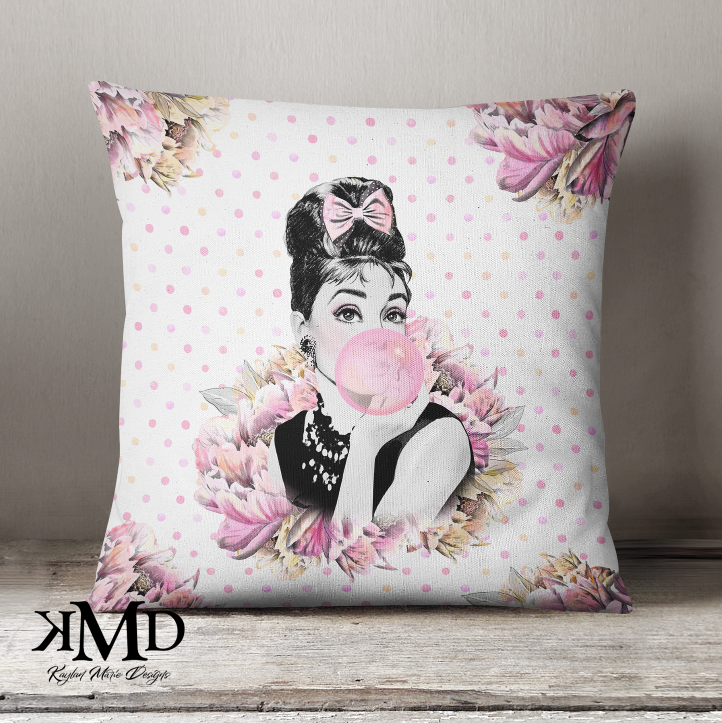 Audrey Hepburn Bubblegum Pillow - Pink Polka Dot Flower