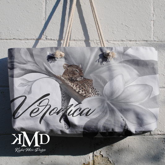 Personalized Leopard Tote Weekender Bag - Leopard White Plumeria