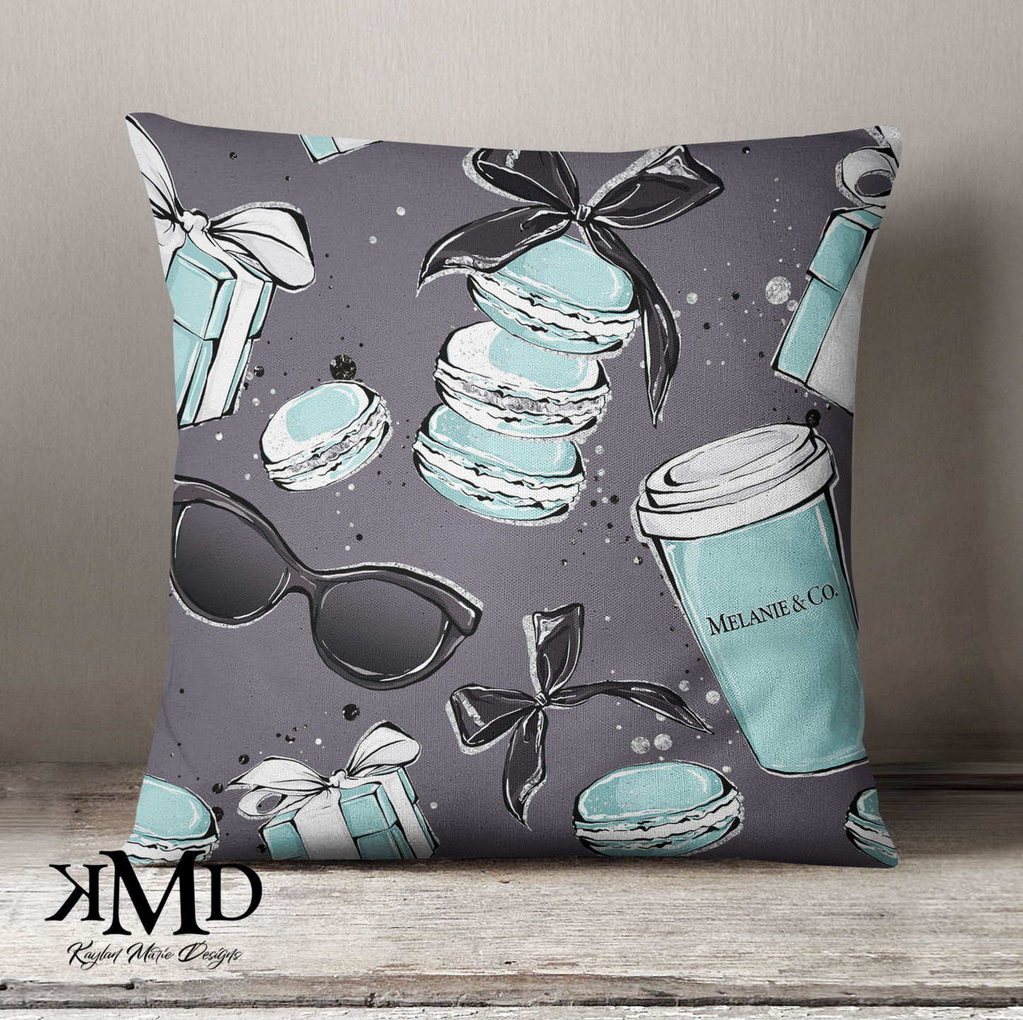 Personalized Coffee and Macarons Happy Pillow - Blue Green Grey Breakfast at Tiffany