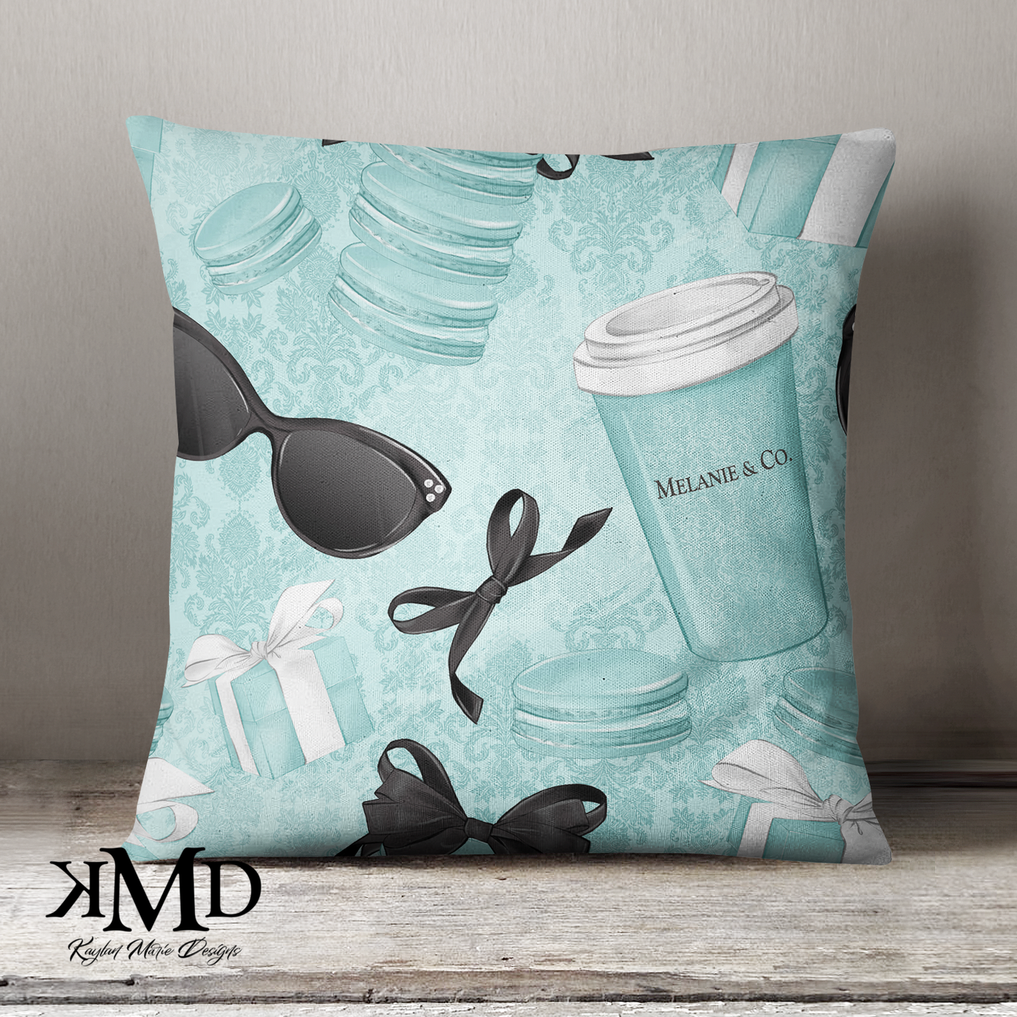 Personalized Coffee and Macarons Pillow - Blue Green Breakfast at Tiffany