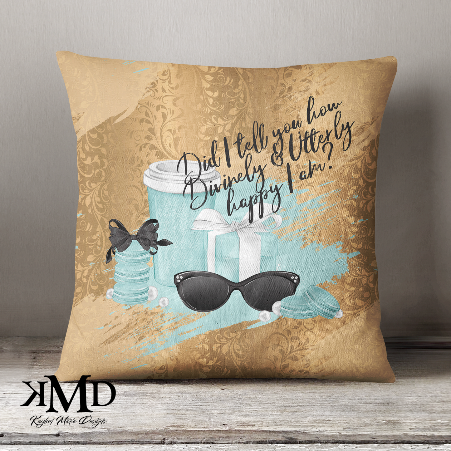 Personalized Divinely and Utterly Happy Pillow - Blue Green Gold Breakfast at Tiffany Quote