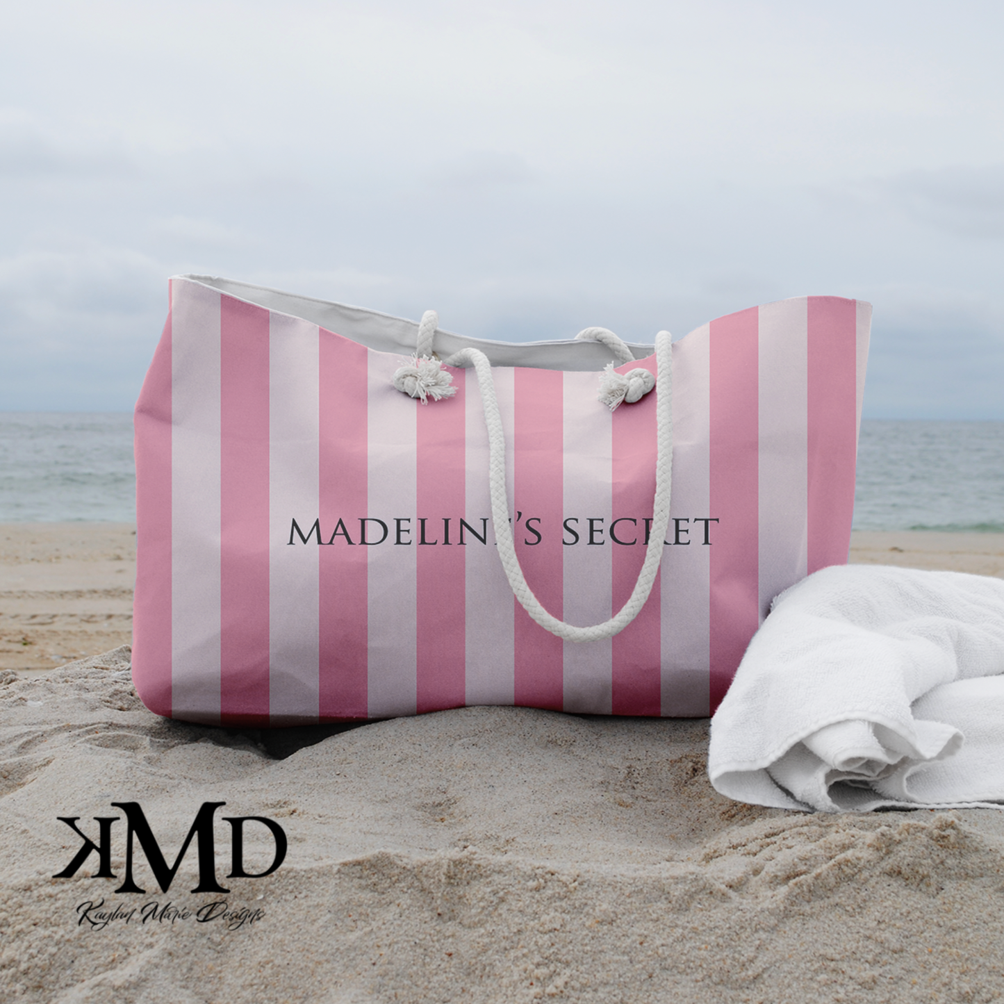 Personalized Secret Tote Bag - Weekender Bag, Rope Tote, Pink Stripe