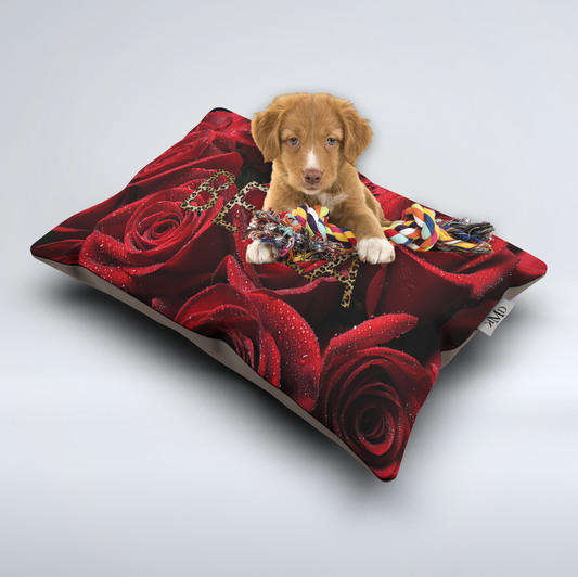 Custom Personalized Red Rose Pet Bed / Dog Bed - Romantic Red Roses with Leopard Print