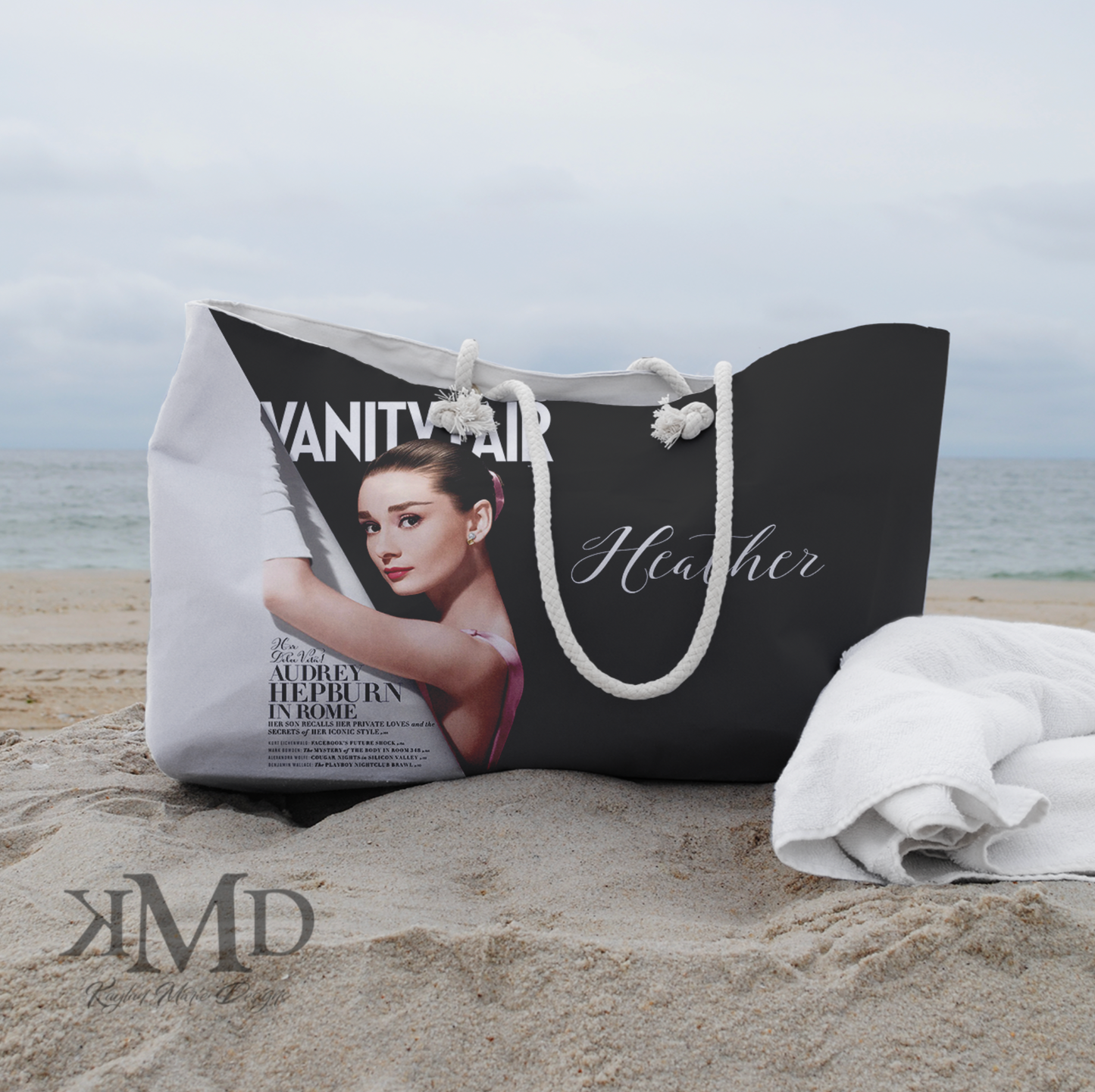 Personalized Audrey Hepburn Tote Bag - Weekender Bag, Rope Tote, Audrey Hepburn Vanity Fair Color Block Bag