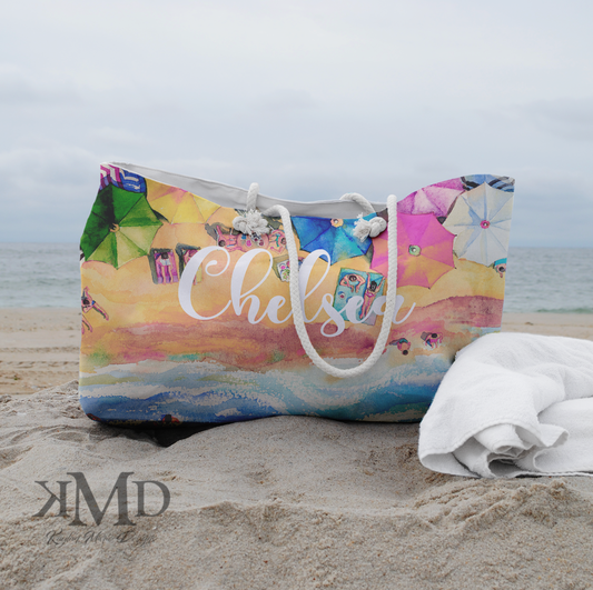 Personalized Umbrella Beach Bag - Weekender Bag, Rope Tote - Beach Vacation Tote Bag