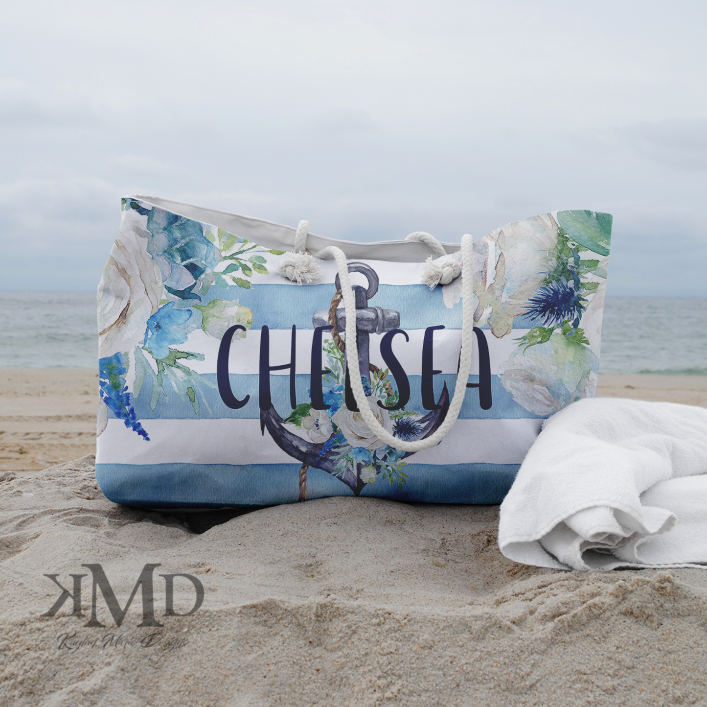 Personalized Anchor Beach Bag - Weekender Bag, Rope Tote - Blue Floral Anchor Stripe Tote Bag