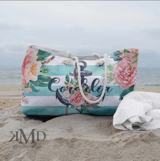 Personalized Anchor Beach Bag - Weekender Bag, Rope Tote - Beach and Teal Floral Anchor Stripe Tote Bag