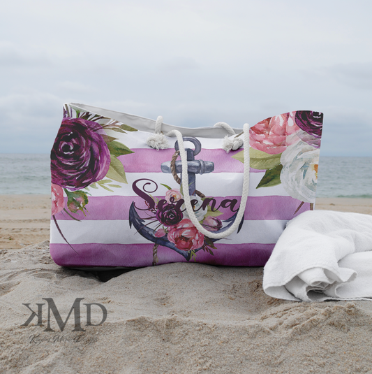 Personalized Anchor Beach Bag - Weekender Bag, Rope Tote - Pink and Purple Anchor Stripe Tote Bag