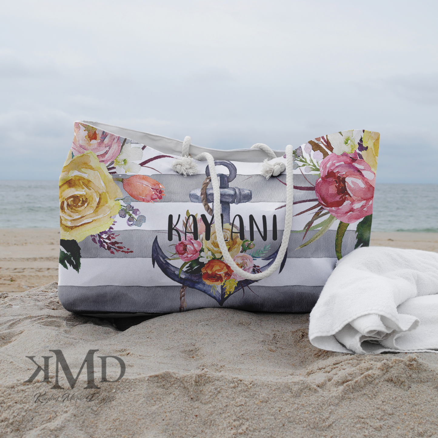 Personalized Anchor Beach Bag - Weekender Bag, Rope Tote - Yellow Rose Anchor Stripe Tote Bag