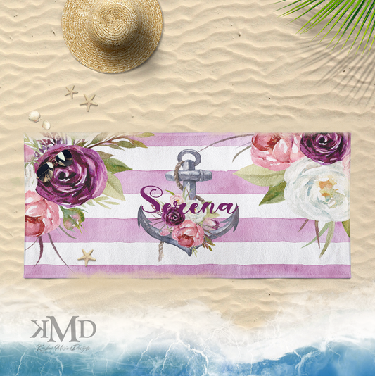 Personalized Anchor Beach Towel - Pink and Purple Anchor Stripe Towel