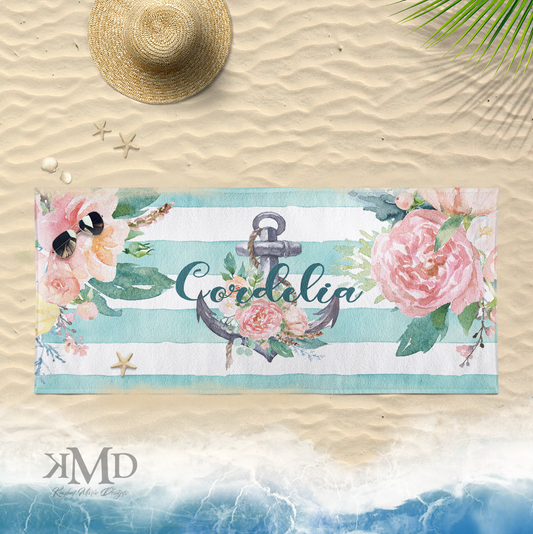 Personalized Anchor Beach Towel - Peach and Teal Anchor Stripe Towel