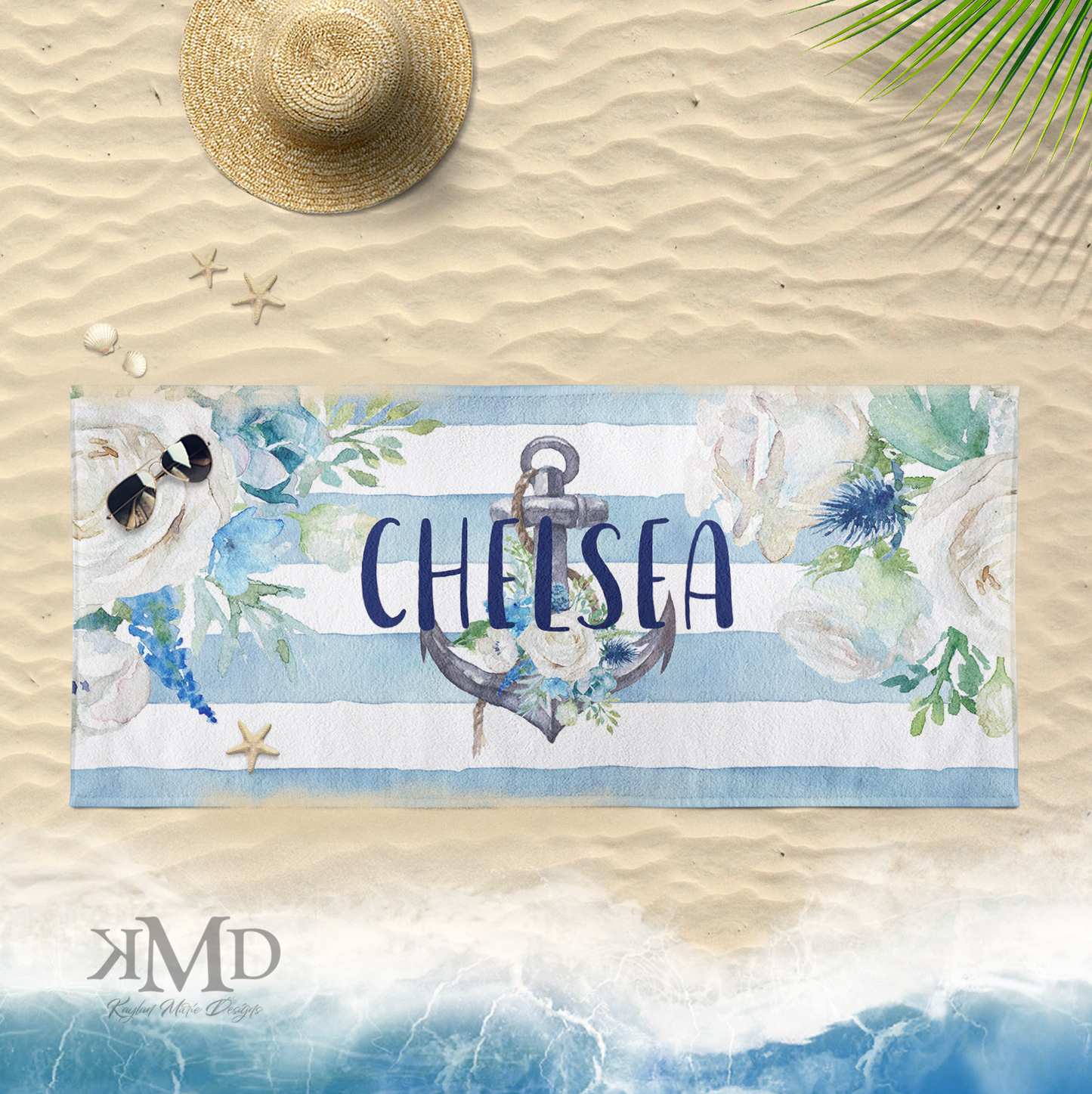 Personalized Anchor Beach Towel - Blue Floral Anchor Stripe Towel