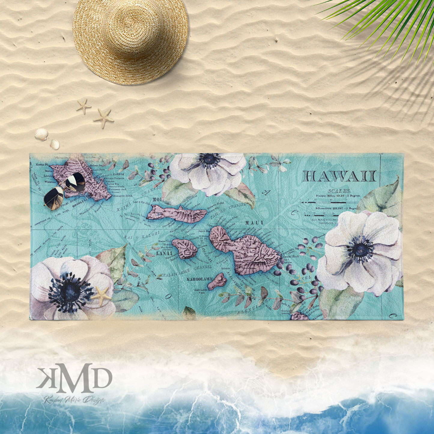 Map of Hawaii Polycotton Towel - Blue Green Floral