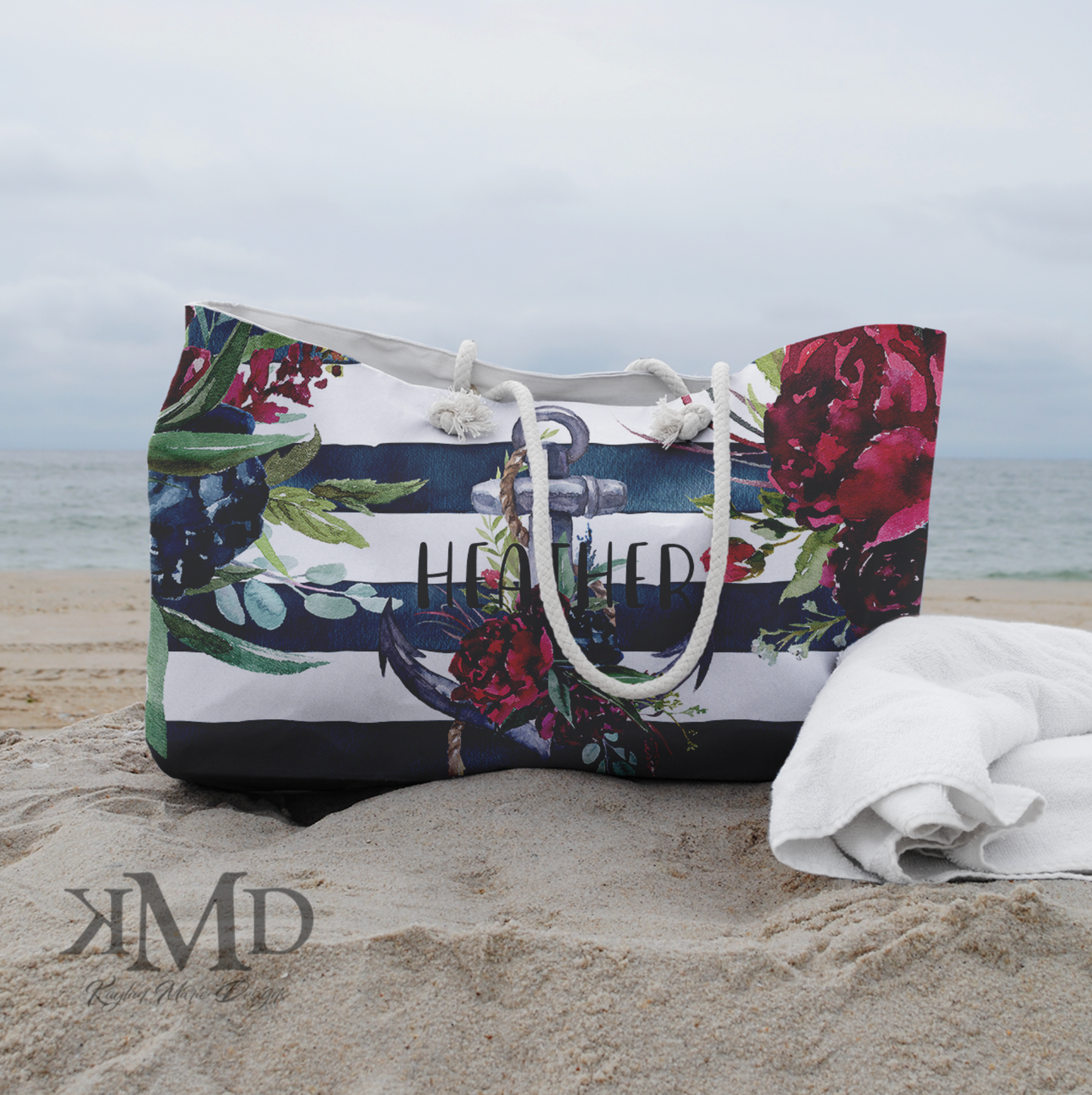 Personalized Anchor Beach Bag - Weekender Bag, Rope Tote - Red and Marine Blue Anchor Stripe Tote Bag