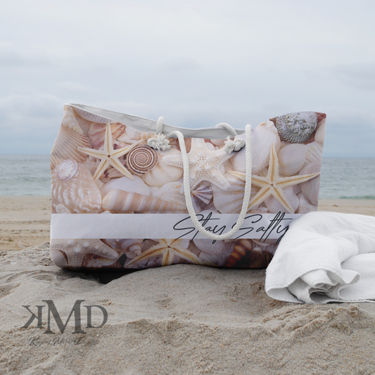 Stay Salty Seashell Beach Bag - Weekender Bag, Rope Tote - Sea shell Pattern Tote