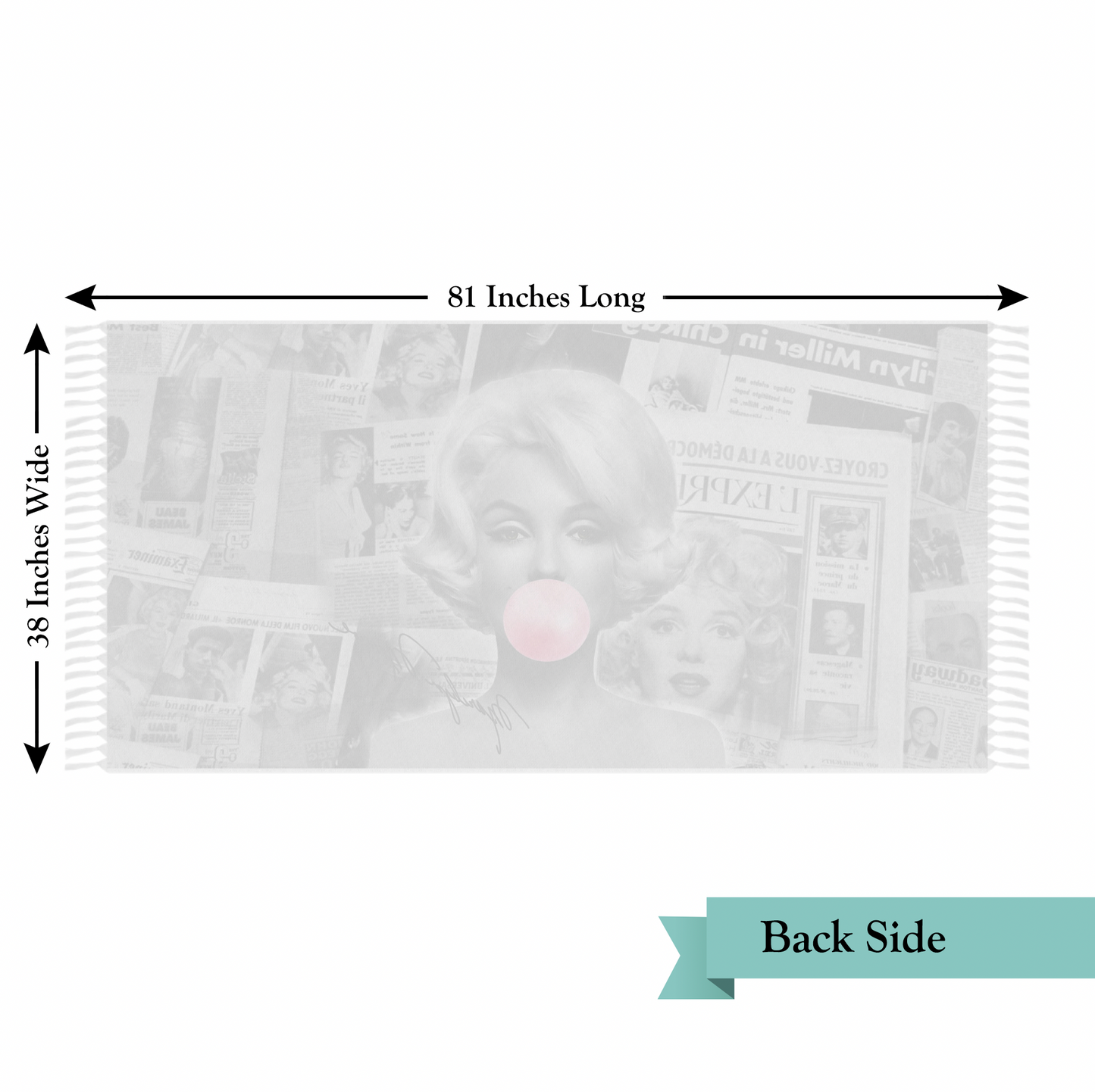 Marilyn Monroe Bubblegum Wrap, Beach Cloth with Fringe - Marilyn Monroe Newsprint, Autograph