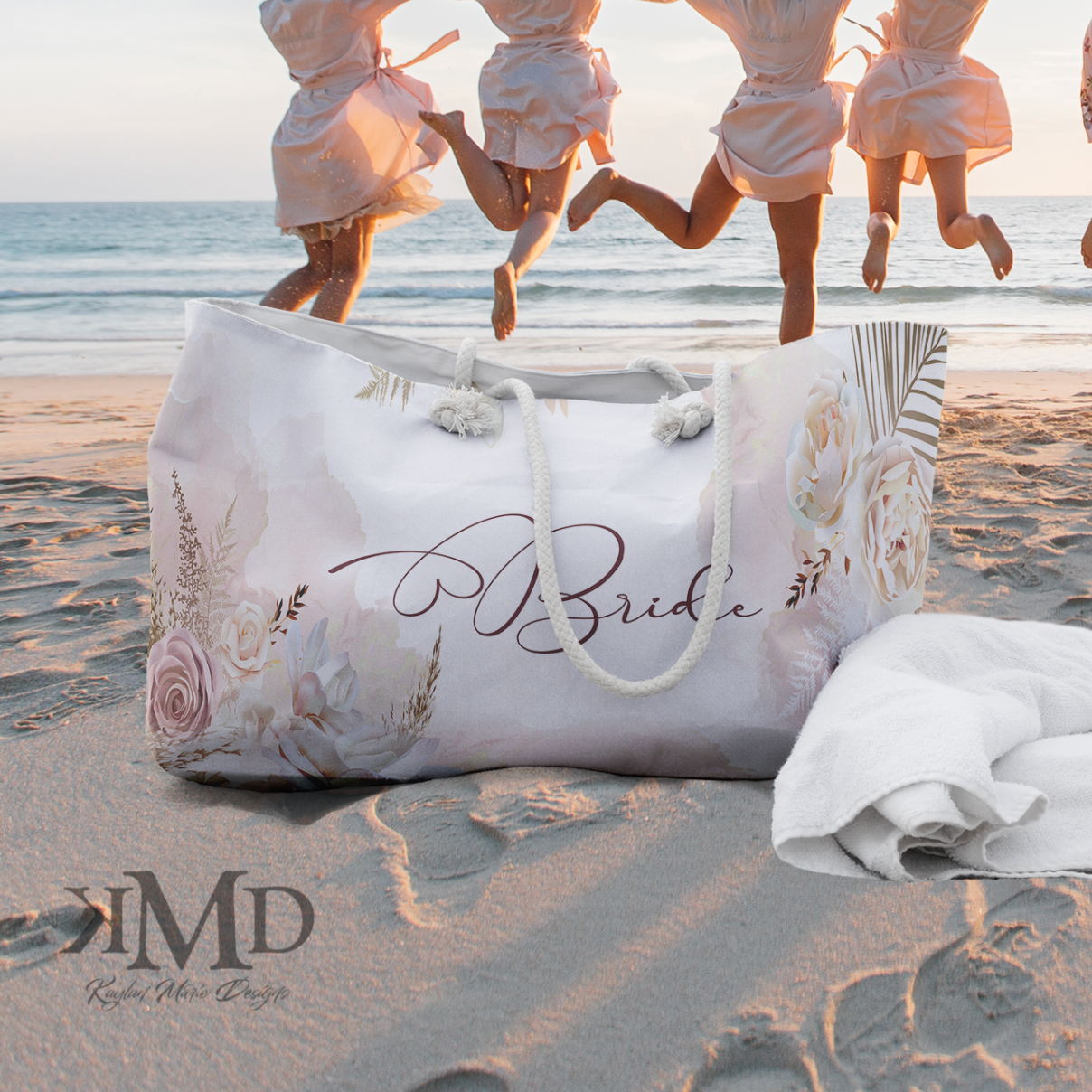 Personalized Bride Tote Bag - Weekender Bag, Rope Tote, Rose and Peony