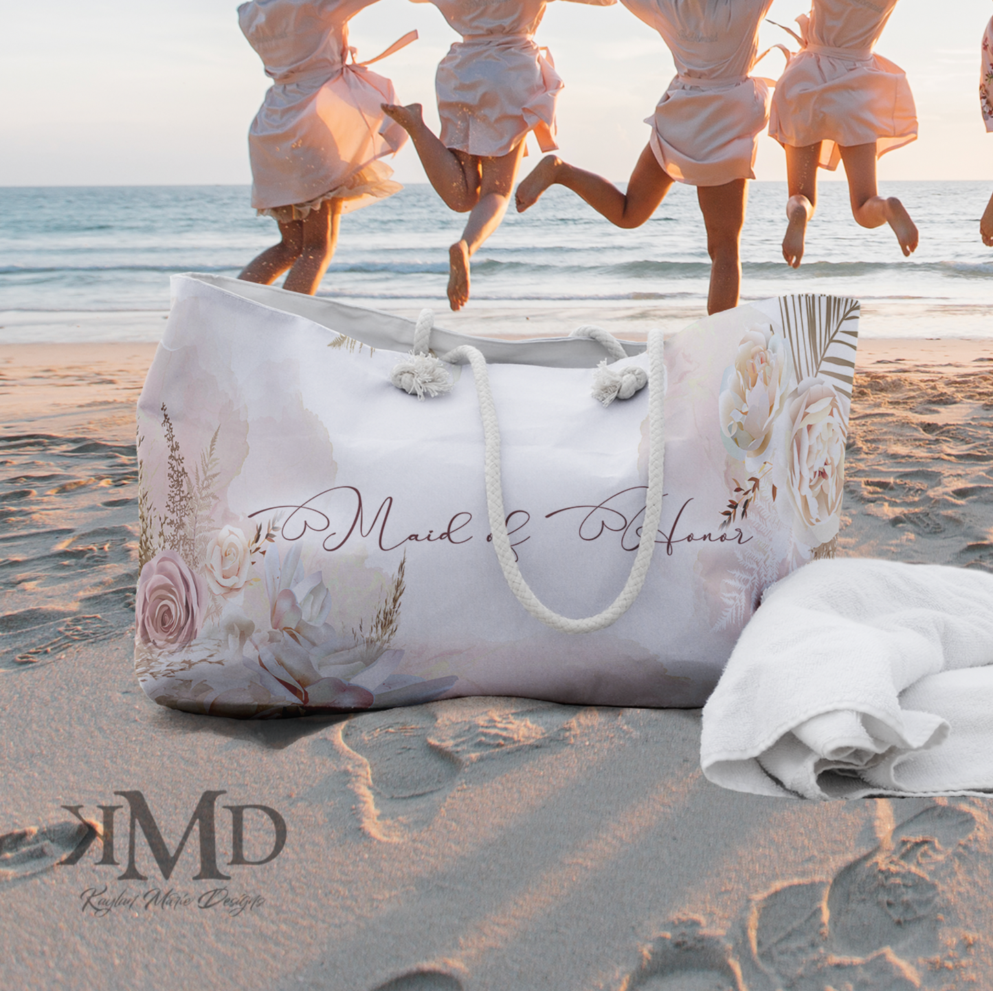 Personalized Bride Tote Bag - Weekender Bag, Rope Tote, Rose and Peony