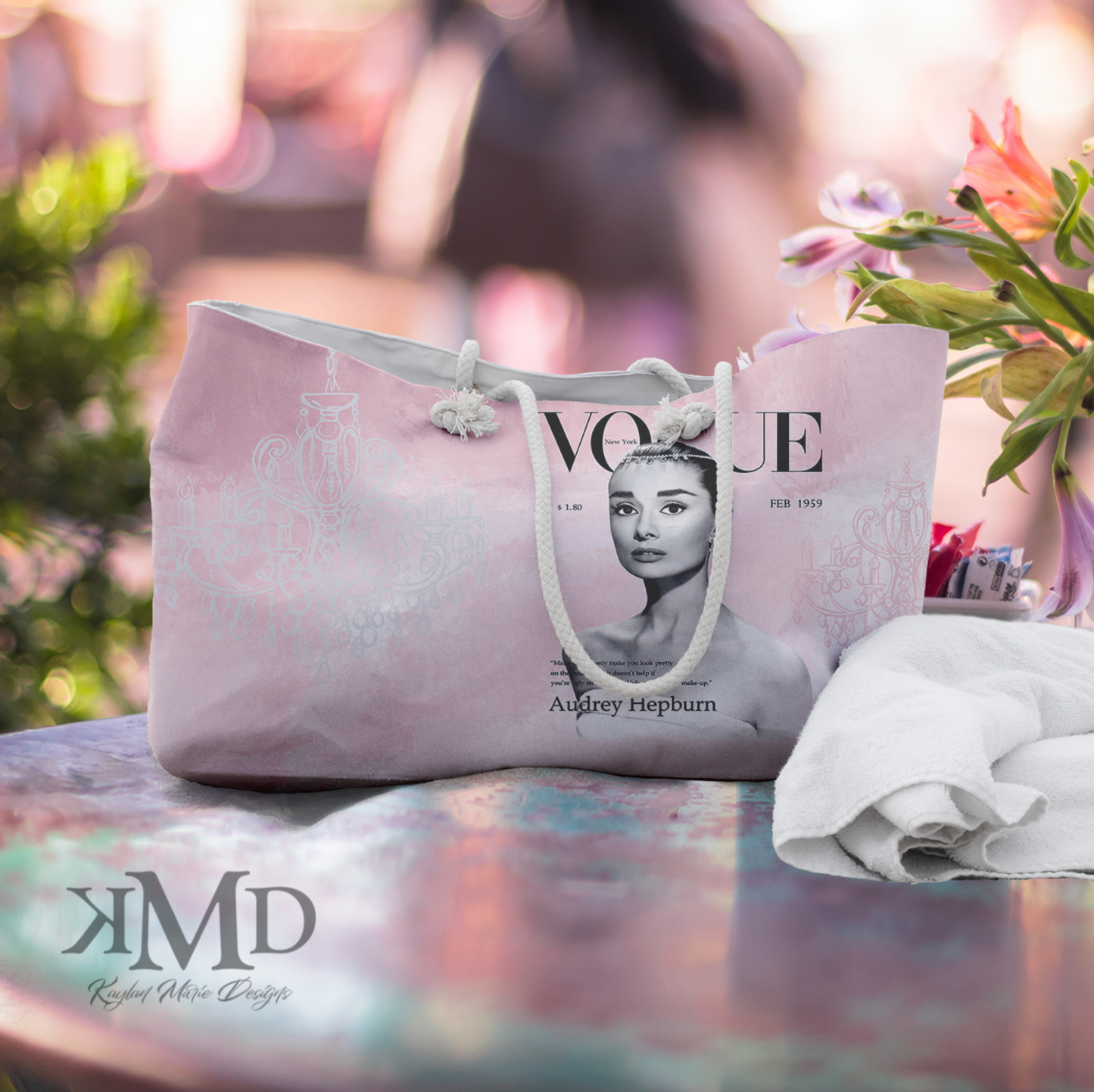 Audrey Hepburn Weekend Bag - Beach Bag, Rope Tote - Pink Vogue Chandelier Bag