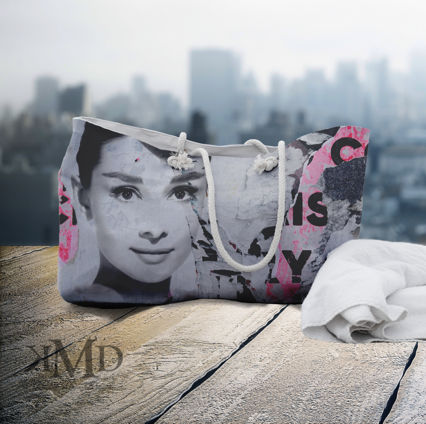 Audrey Hepburn Tote Bag - Weekender Bag, Rope Tote, Distressed Poster