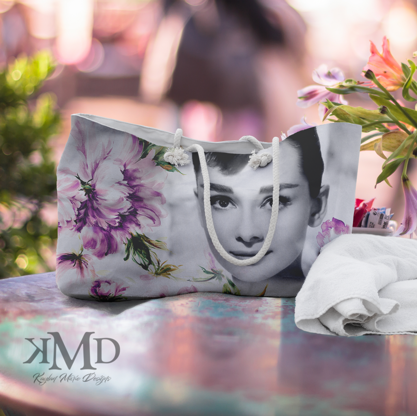 Audrey Hepburn Tote Bag - Weekender Bag, Rope Tote, Purple Flower