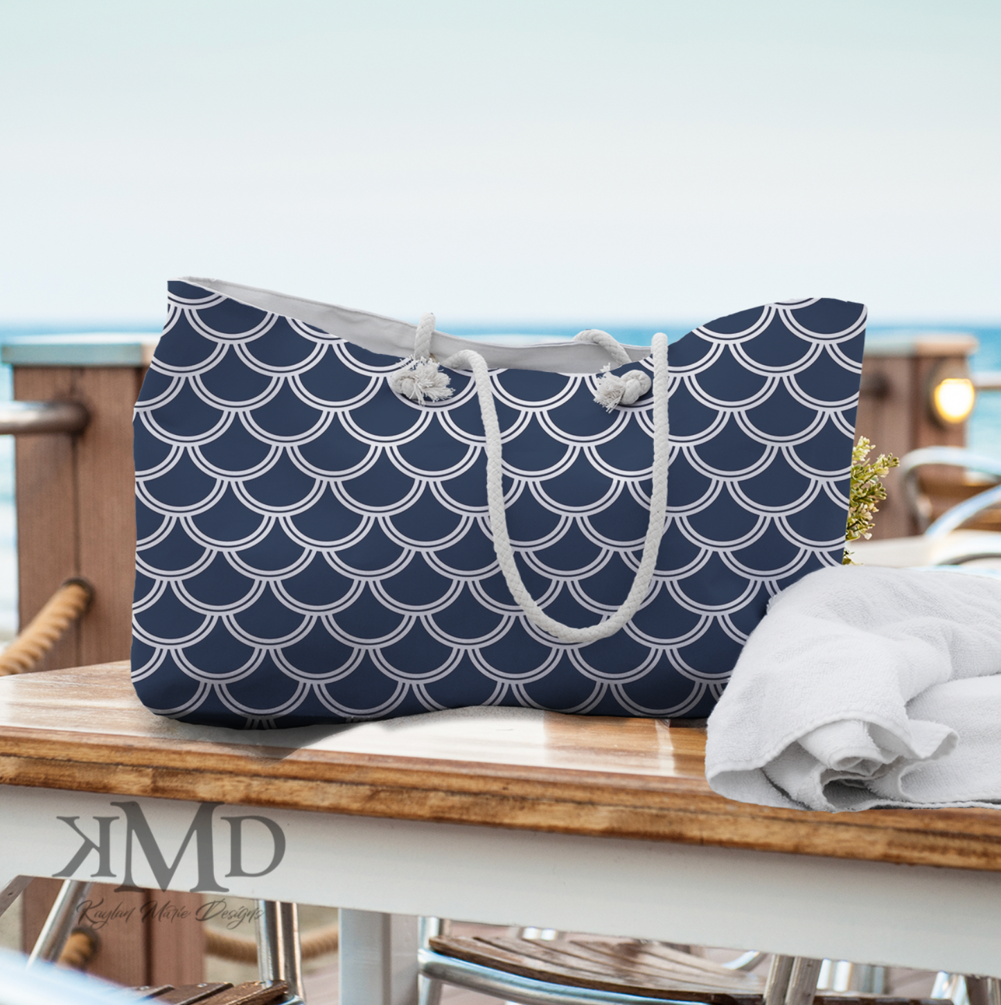 Grace and Frankie Inspired Beach Bag - Weekender Bag, Rope Tote - Iconic Navy and Nautical Fish Scales Rope Handle Tote