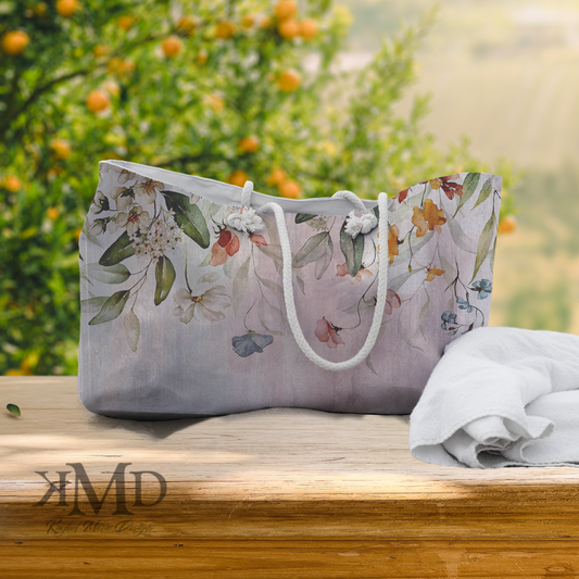 Garden Market Tote Bag - Weekender Bag, Rope Tote, Wildflower Pink