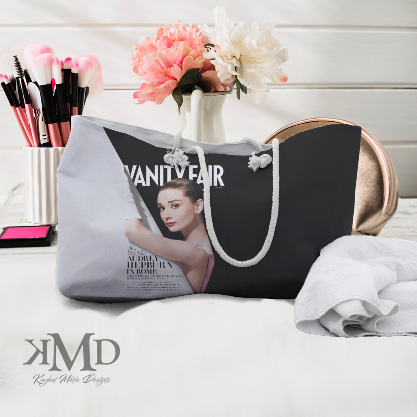 Personalized Audrey Hepburn Tote Bag - Weekender Bag, Rope Tote, Audrey Hepburn Vanity Fair Color Block Bag