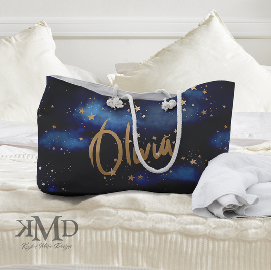 Personalized Starry Night Tote Bag - Weekender Bag, Rope Tote, Midnight Blue Clouds and Stars