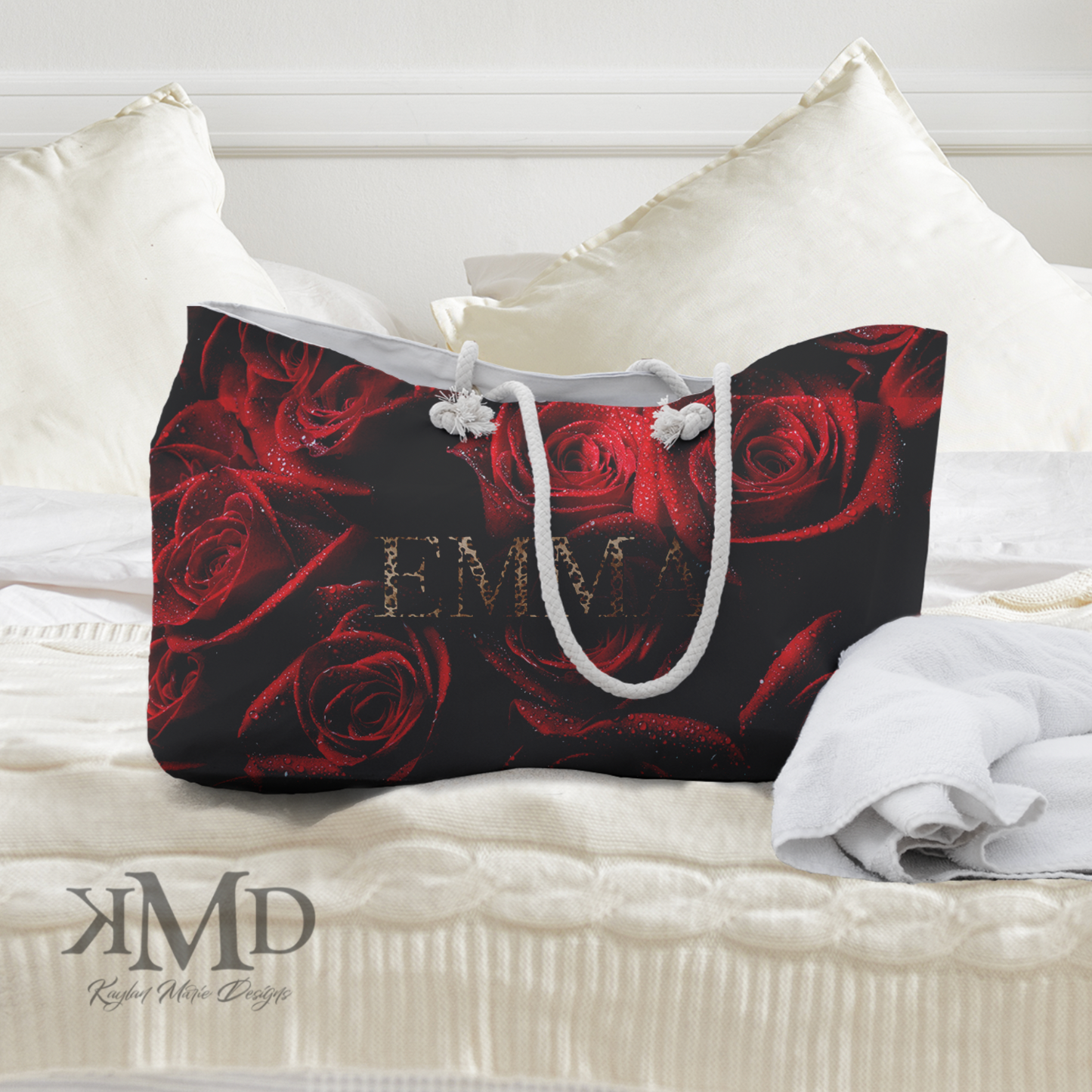 Personalized Rose Tote Weekender Bag - Red Rose and Leopard