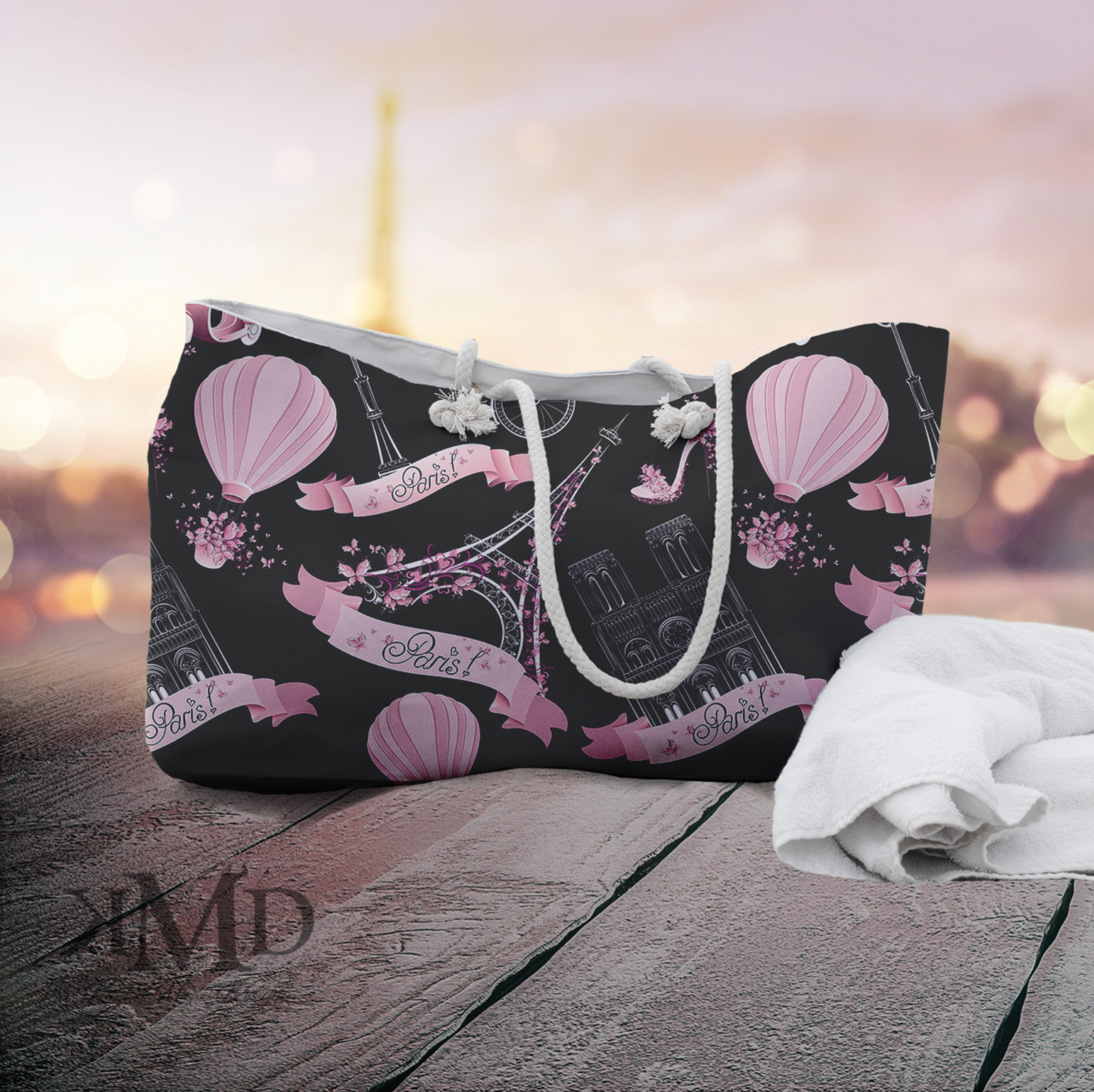 Whimsy in Paris Tote Bag - Weekender Bag, Rope Tote - Pink and Black Eiffel Tower Paris France Bag